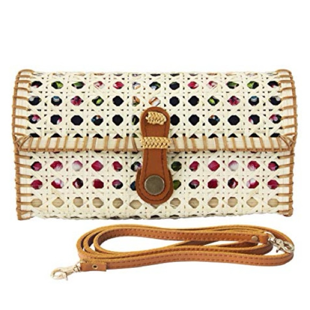 Woven White and Tan Crossbody Clutch
